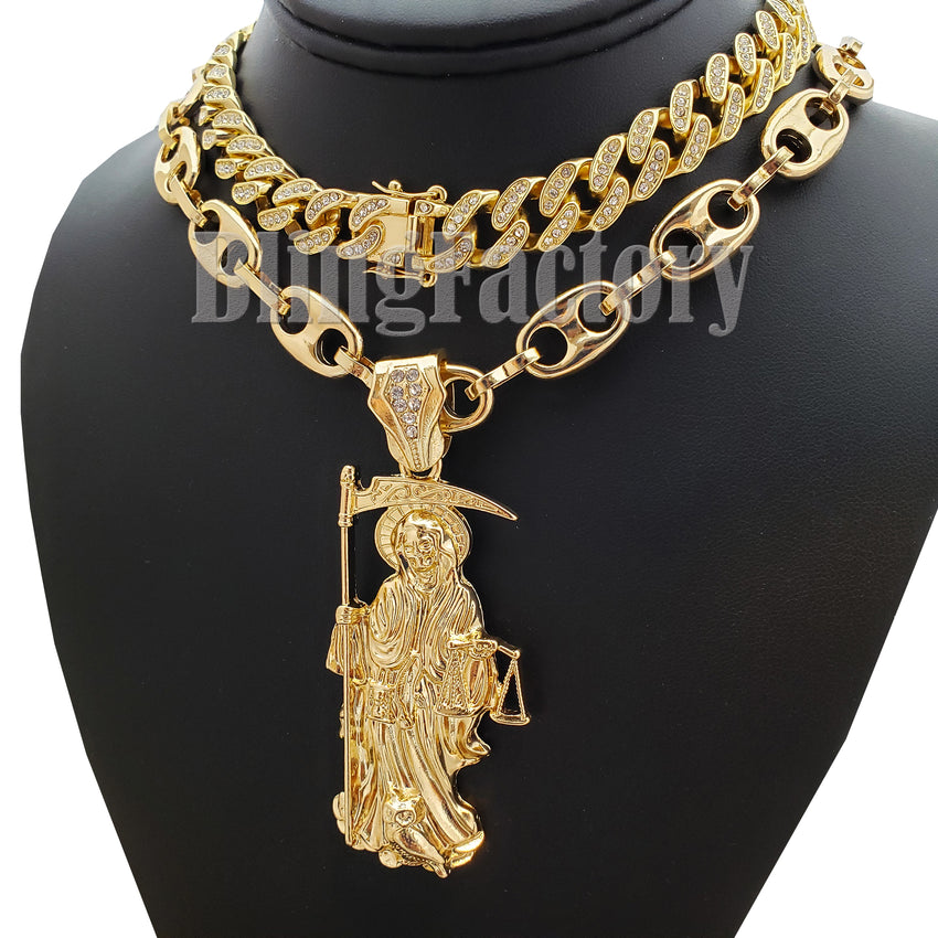 14K Gold Plated Miami Cuban Chain 2 Santa Muerte Grim Reaper Necklace 30 4MM 14K Gold Plated Miami Cuban Chain 2 Santa Muerte Grim Reaper Necklace 30 4MM