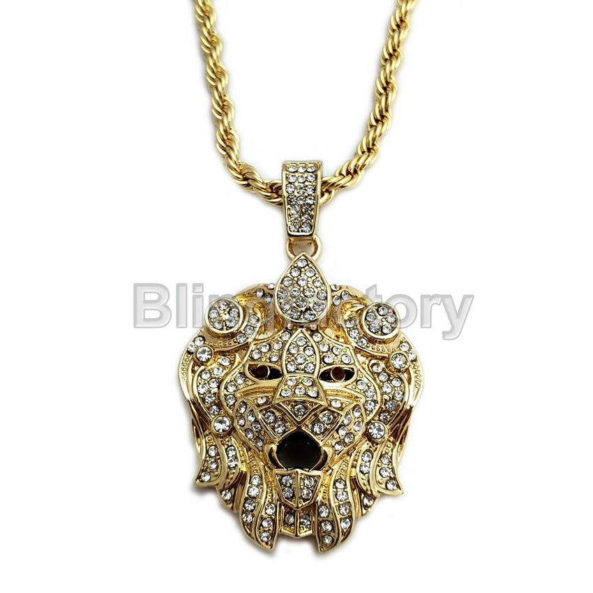Hip Hop Iced Out Lion Head Lab Diamond Pendant & 5mm 30" Rope Chain Necklace