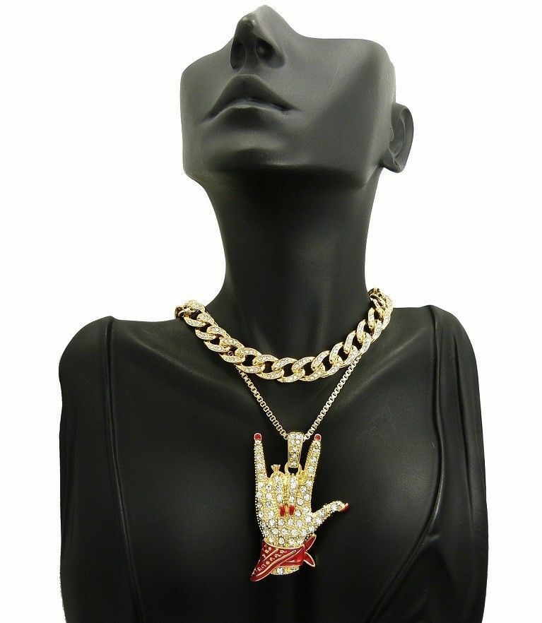 Cardi B I Love You Hand Sign Necklace & 18" Iced Cuban Choker Chain Necklace