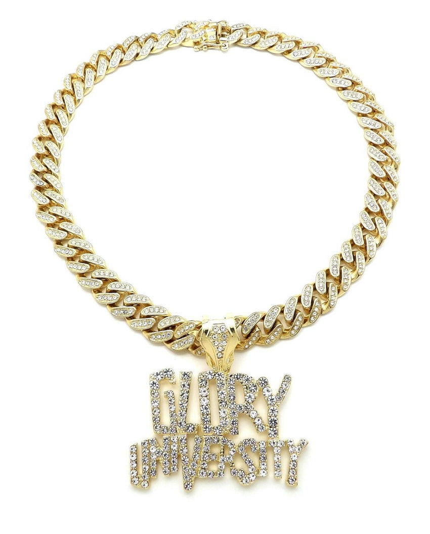 Hip Hop GLORY UNIVERSITY & 18" Iced Box Lock Cuban Choker Chain Necklace