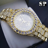 MEN'S ICED OUT HIP HOP GOLD PT WATCH & GUCCI LINK CHAIN BRACELET COMBO SET