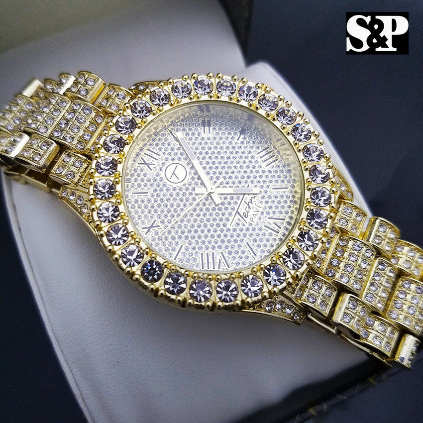 MEN'S ICED OUT HIP HOP GOLD PT WATCH & GUCCI LINK CHAIN BRACELET COMBO SET