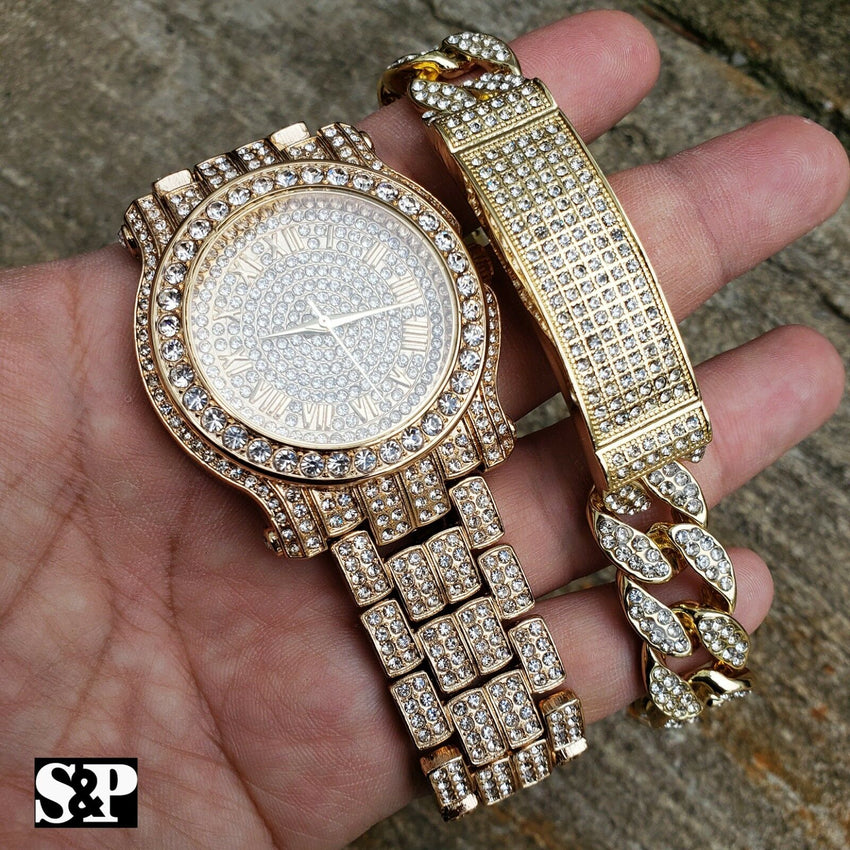 MEN'S HIP HOP GOLD PT BLING LAB DIAMOND WATCH & FULL ICED BRACELET COMBO SET