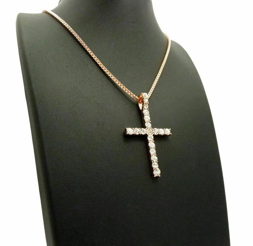 NEW ICED OUT ROSE GOLD PLATED CZ CROSS PENDANT & 24" BOX CHAIN NECKLACE