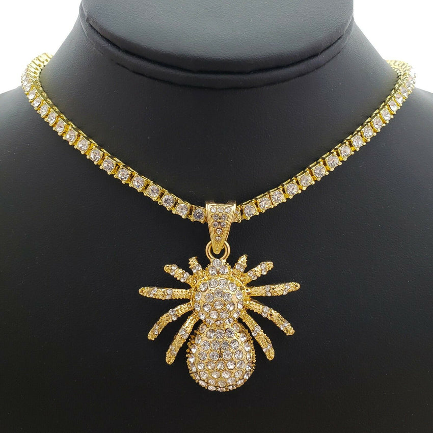 Hip Hop Iced out SPIDER Pendant 18" 1 Row Lab Diamond Tennis Choker Chain Necklace