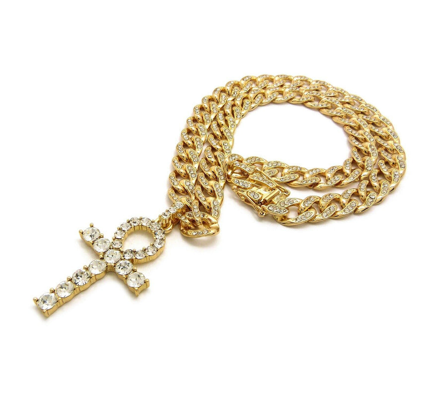 Iced out Ankh Cross Pendant & 18" 20" 22" 24" CZ Cuban Choker Chain Necklace