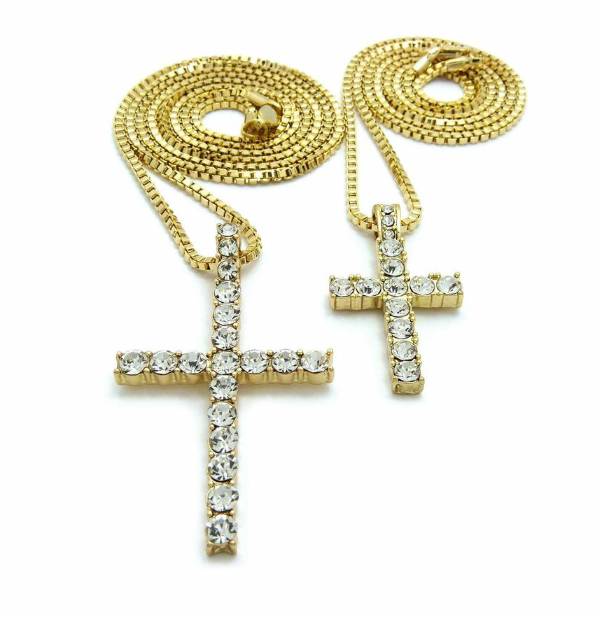 ICED OUT CROSS DOUBLE PENDANT & 2mm 24" & 30" BOX CHAIN 2 NECKLACE SET