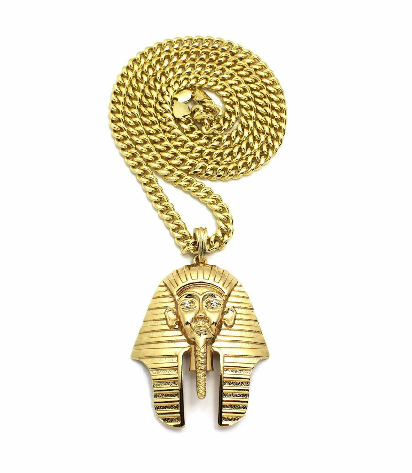 14K Gold PT Egyptian Pharaoh King Tut Pendant W/ 6mm 30" Cuban Chain Necklace