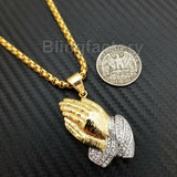 Stainless Steel Gold PT Praying Hands Pendant & 24" Round Box Chain Necklace