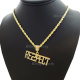 Hip Hop Iced out Rapper's "RESPECT" Pendant & 4mm 24" Rope Chain Necklace