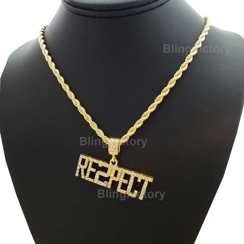 Hip Hop Iced out Rapper's "RESPECT" Pendant & 4mm 24" Rope Chain Necklace