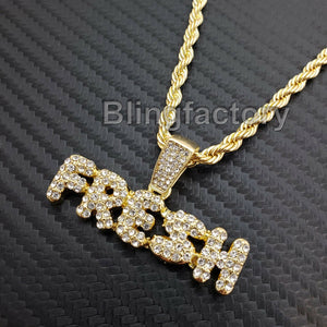 Hip Hop Iced out Lab Diamond FRESH Pendant & 4mm 24