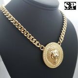 Hip Hop Gold Plated 16" Full Iced Cuban & Lion Face pendant Choker Chain Necklace Set