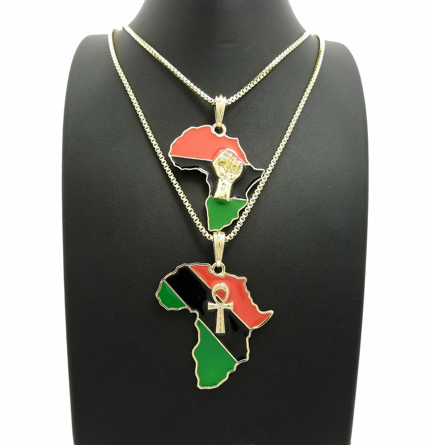 New Fist & Ankh in Africa Pendant w/ 24",30" Box Chain Hip Hop 2 Necklace Set