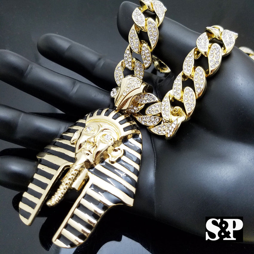 Hip Hop Quavo Pharaoh Pendant & 15mm 16" Iced Out Cuban Choker Chain Necklace