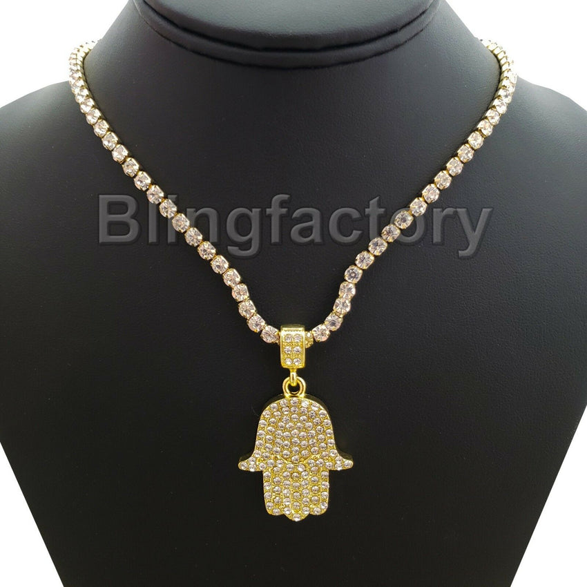 Hip Hop Iced HAMSA KHAMSA Pendant & 1 Row Diamond Tennis Choker Chain Necklace