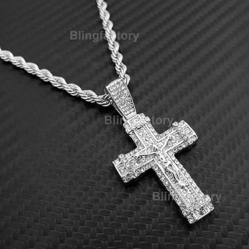 Hip Hop Iced out Jesus Body Cross Pendant & 4mm 24" Rope Chain Necklace