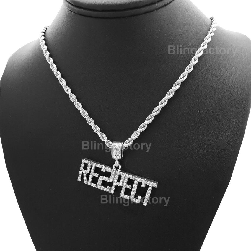 Hip Hop Iced out Rapper's "RESPECT" Pendant & 4mm 24" Rope Chain Necklace