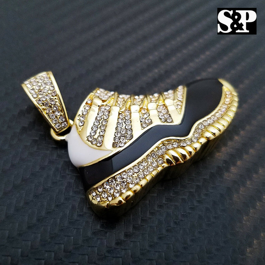 Men's Iced out 14K Gold Plated Hip Hop Lab Diamonds Black Retro 11 Shoe Pendant