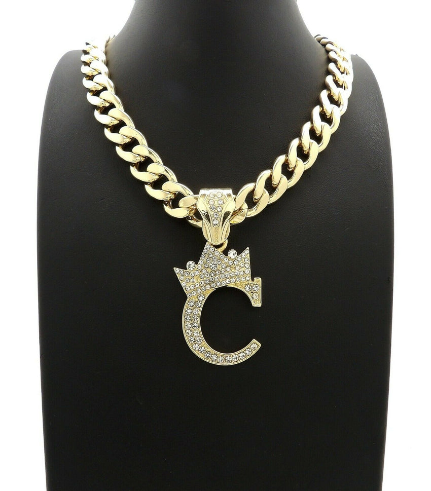 Hip Hop Crowned Alphabet Initial Pendant & 11mm 18" Cuban Choker Chain Necklace