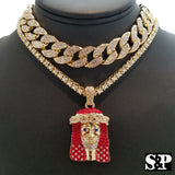 Hip Hop Lil Yachty RED JESUS 18" Full Iced Cuban & 1 ROW Tennis Choker Chain Necklace Set