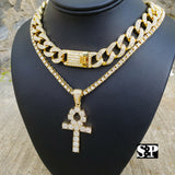 Hip Hop Ankh Cross Pendant & 18" Full Iced Cuban & 1 ROW Tennis Choker Chain Necklace Set