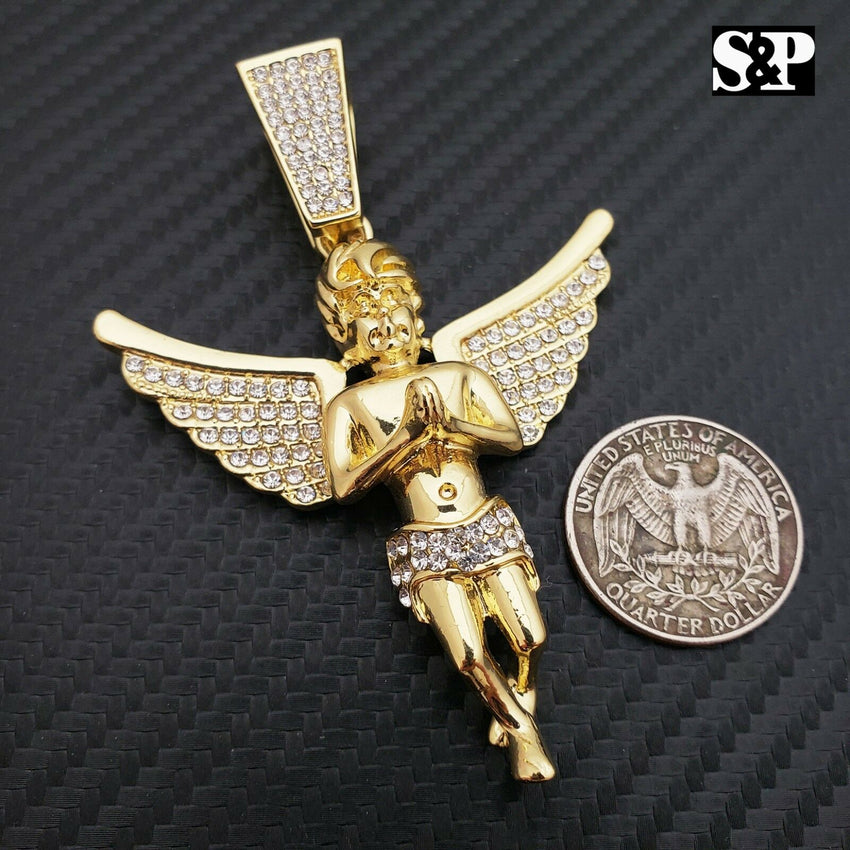 HIP HOP ICED OUT RAPPER STYLE LAB DIAMOND GOLD PLATED BABY ANGEL LARGE PENDANT