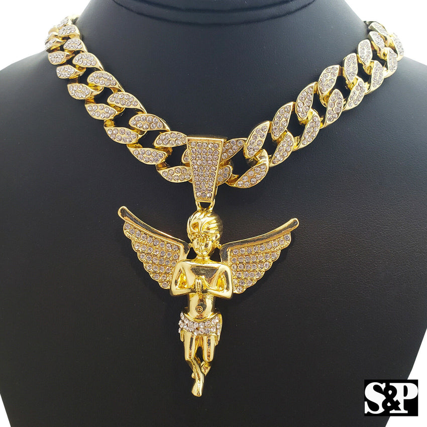 Hip Hop Bling Gold PT Baby Angel Pendant & 18" Full Iced Cuban Choker Chain Necklace