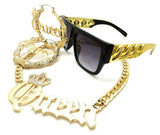 WOMEN QUEEN PENDANT NECKLACE & PINCATCH HOOP EARRINGS & SUNGLASSES SET