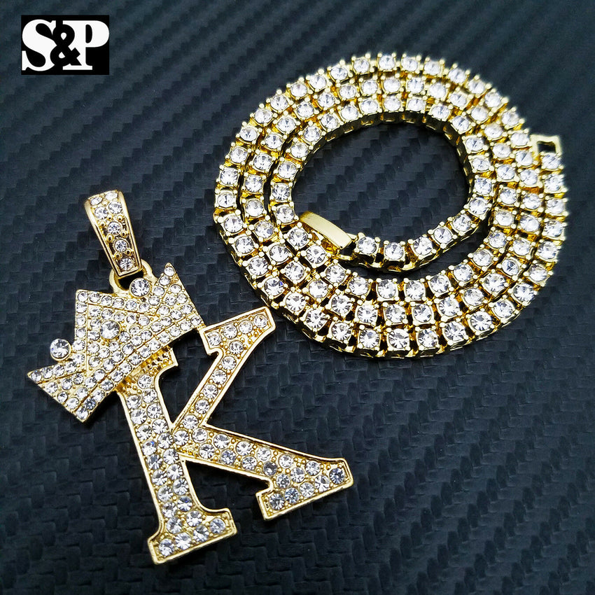 Hip Hop Initial K Pendant & 18" Full Iced 1 ROW DIAMOND Tennis Choker Chain Necklace