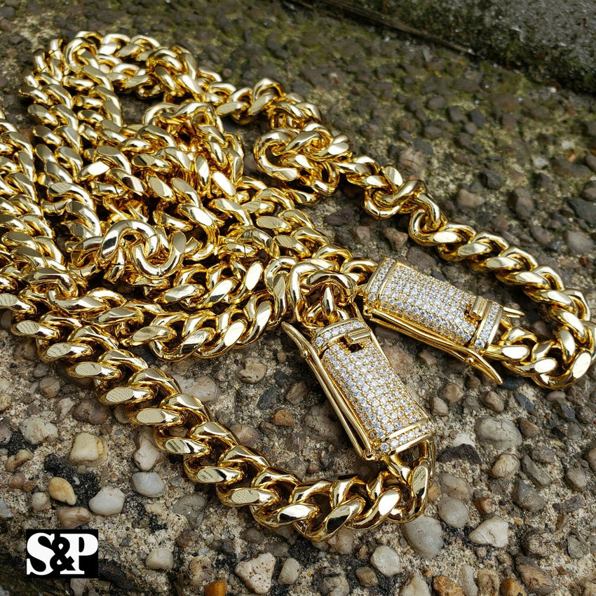 Hip Hop Gold PT Lab Diamond Iced Lock 10mm 24", 30 Miami Cuban Chain Necklace
