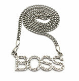 Women's Fashion White Gold Plated CZ BOSS Pendant & 5mm 24" Link Chain Necklace