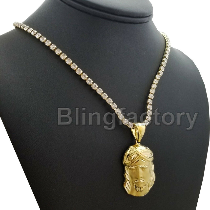 Hip Hop Brass Jesus Head Pendant & 1 Row Diamond Tennis Choker Chain Necklace