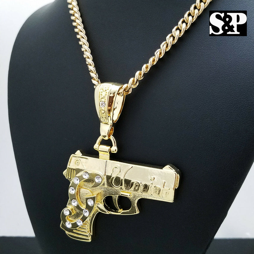 Iced Out Gold Plated G UNIT GUN Pendant & 6mm 30" Cuban Chain Hip Hop Necklace
