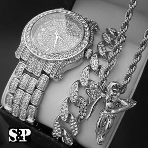Men's Hip Hop Iced Out Lab Diamond Watch & Cuban Bracelet & Angel Necklace Set