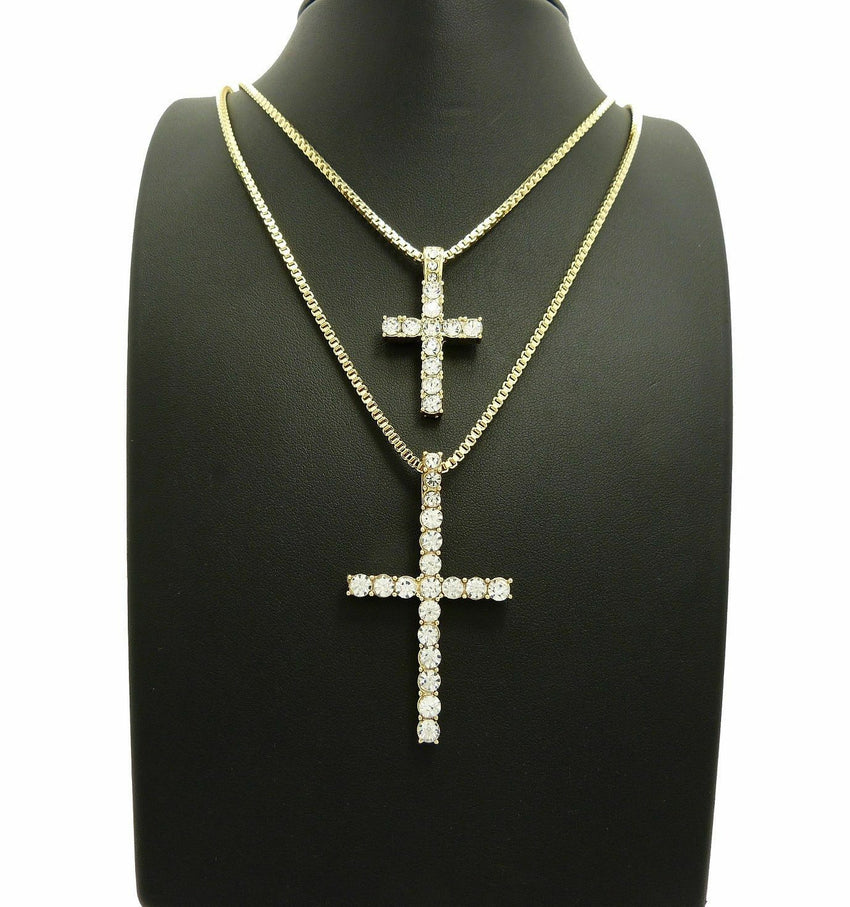 ICED OUT CROSS DOUBLE PENDANT & 2mm 24" & 30" BOX CHAIN 2 NECKLACE SET