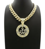 Hip Hop Allah Pendant & 12mm 18" Iced out Box Lock Cuban Choker Chain Necklace