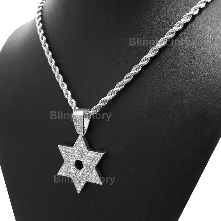 Hip Hop Iced out Lab Diamond Star of David Pendant & 4mm 24" Rope Chain Necklace