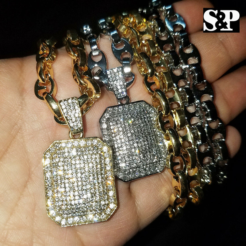 Hip Hop Iced out Bling Lab Diamond Square Pendant & 8mm 24" Gucci Chain Necklace