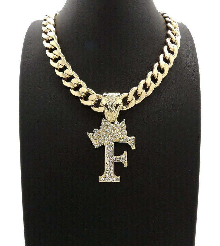 Hip Hop Crowned Alphabet Initial Pendant & 11mm 18" Cuban Choker Chain Necklace