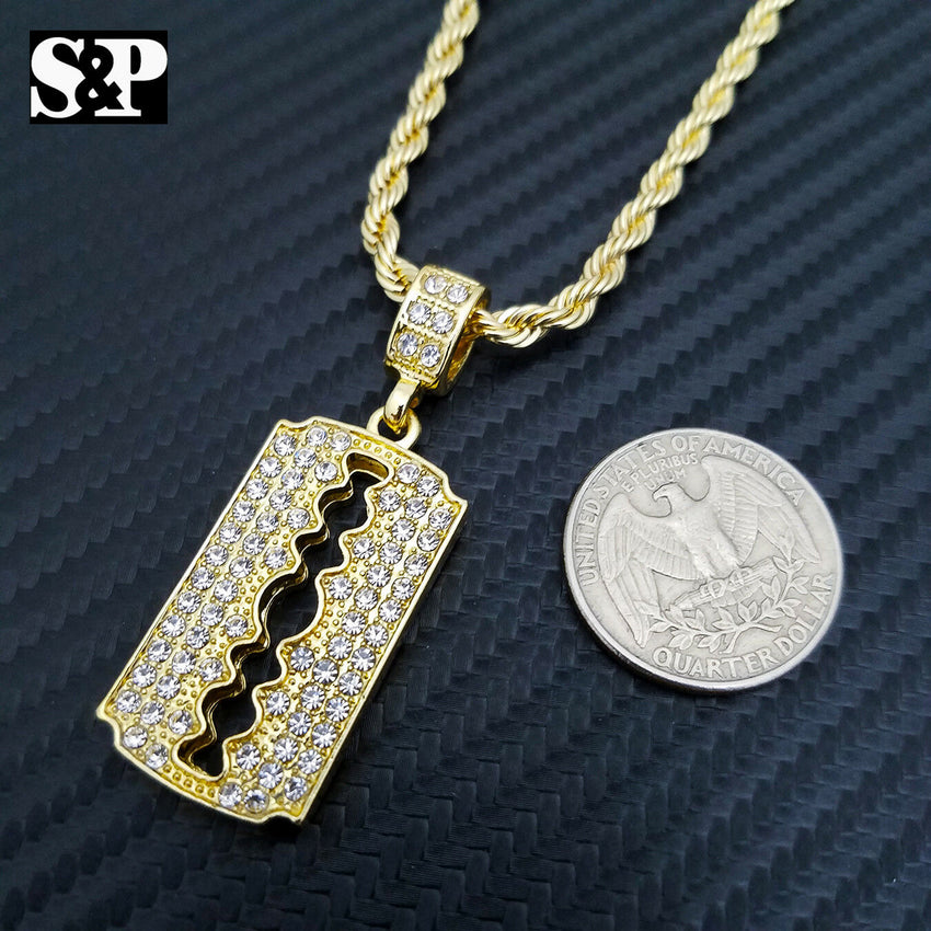 Fashion Iced Barber Shop Razor Blade Pendant w/ 4mm 24" Rope Chain Necklace