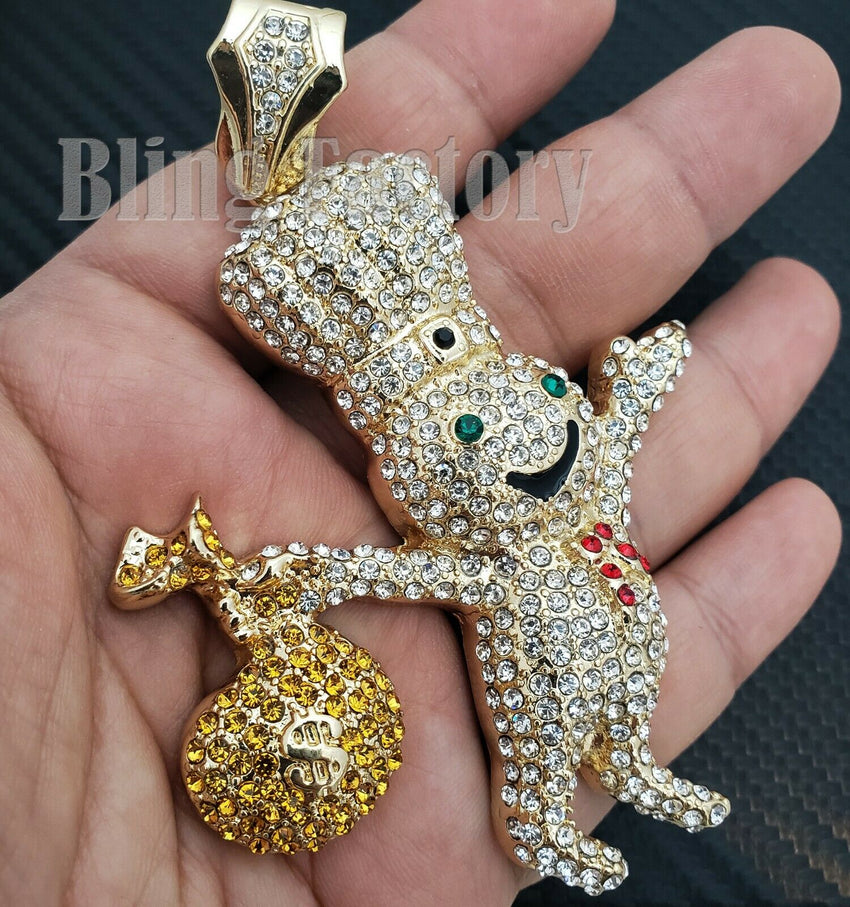 Hip Hop Iced Doughboy Money Bag Pendant & 18" Iced Cuban Choker Chain Necklace
