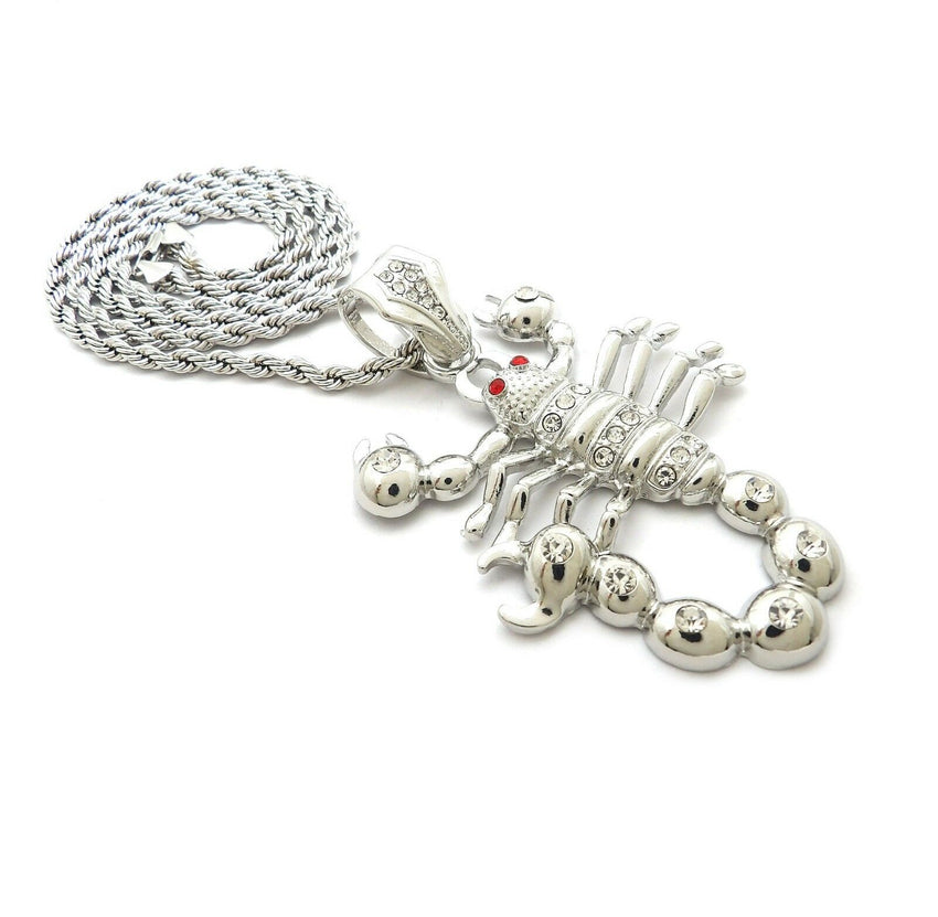 HIP HOP ICED OUT SILVER PLATED SCORPION PENDANT & 4mm 24" ROPE CHAIN NECKLACE