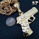 Iced Out Gold Plated G UNIT GUN Pendant & 6mm 30" Cuban Chain Hip Hop Necklace
