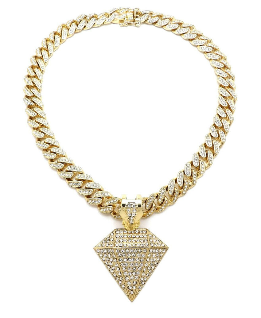 Hip Hop Diamond Shape Pendant 20" Iced out Box Lock Cuban Choker Chain Necklace