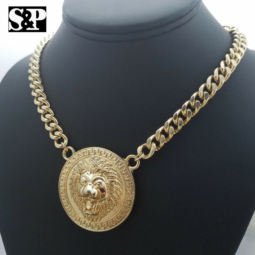 Hip Hop Gold Plated 16" Full Iced Cuban & Lion Face pendant Choker Chain Necklace Set