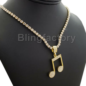 Hip Hop Iced Music Note Pendant & 1 Row Diamond Tennis Choker Chain Necklace