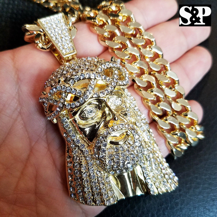 NEW HIP HOP GOLD ICED OUT JUMBO JESUS CZ PENDANT, 10mm 30" CUBAN CHAIN NECKLACE