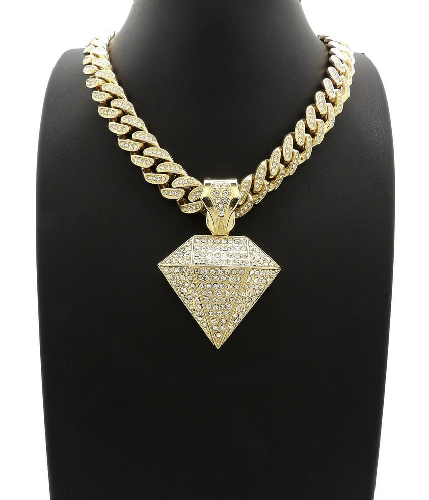 Hip Hop Diamond Shape Pendant 18" Iced out Box Lock Cuban Choker Chain Necklace