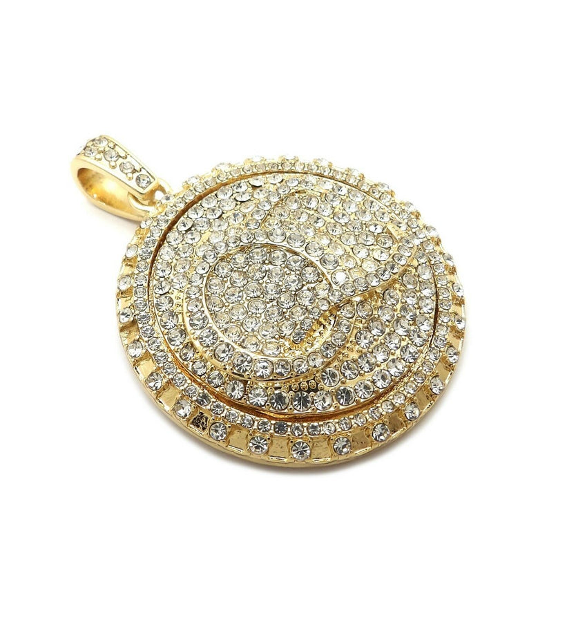Iced out QC Spinning Medal Pendant 24" Box Cuban Rope Chain Hip Hop Necklace